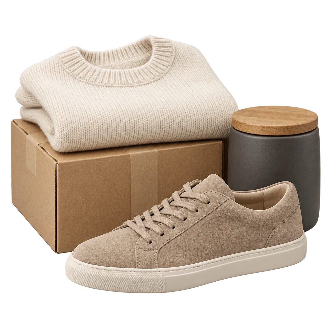 Generiertes Stillleben mit beigefarbenem Pullover auf einem Versandkarton, Sneaker und Keramikdose mit Holzdeckel.